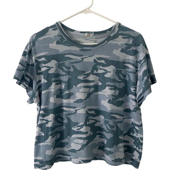 Monrow Women's Blue Camo Camouflage Cropped Short Sleeve Tee T-Shirt S Small - Picture 1 of 7